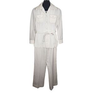 Vintage 70s Leisure Suit Jacket Pants Womens M Beige Polka Dot Double Knit Polye